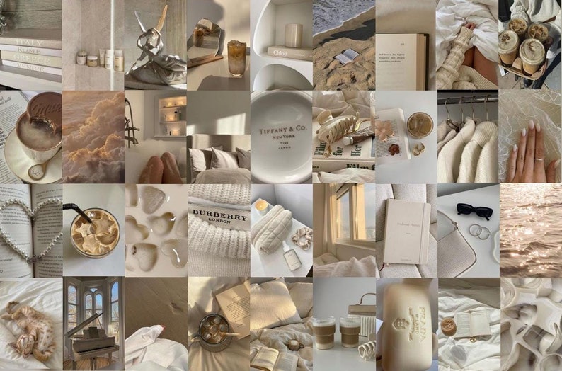 May include: A collage of images in beige and brown tones featuring coffee, books, clothing, and other lifestyle items. The images are arranged in a grid pattern.