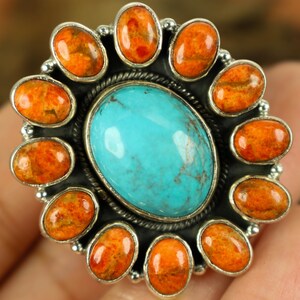 BIG! TURQUOISE & CORAL Navajo Handmade Sterling Silver Ring (Adjustable Band)