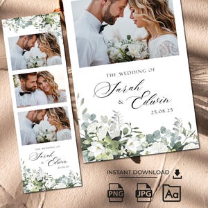 Plantilla minimalista para fotomatón de boda en verde salvia, marco bohemio con eucalipto y tiras de fotos superpuestas, elegante diseño botánico para fotomatón.