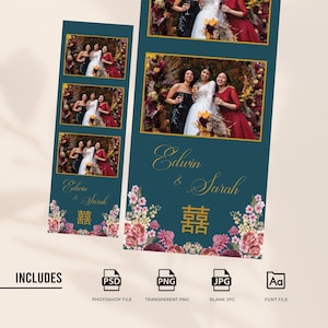 Mall för fotobås med kinesiskt tema, dubbel lycka och bröllopstema, 2x6 med pionblommor, mall för asiatisk bröllopsfotobås