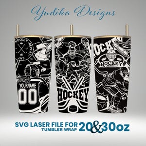 May include: Black and white SVG laser cut file for a 20 or 30 ounce tumbler wrap featuring a hockey theme with hockey players, sticks, pucks, and the text "Hockey".