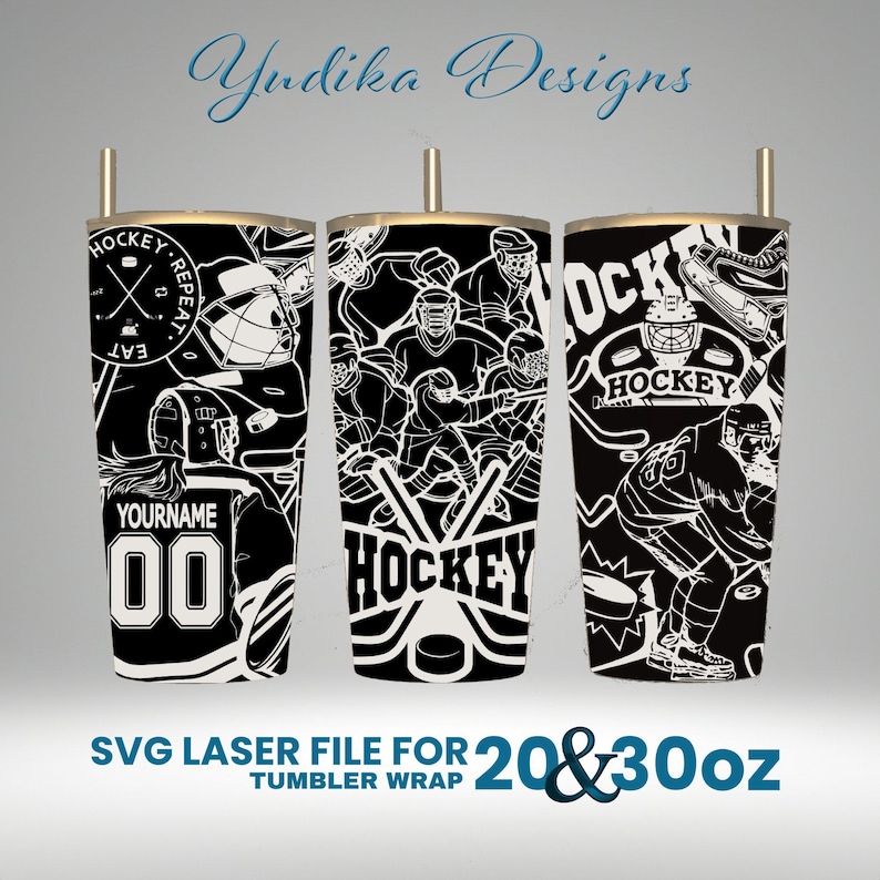 May include: Black and white SVG laser cut file for a 20 or 30 ounce tumbler wrap featuring a hockey theme with hockey players, sticks, pucks, and the text "Hockey".