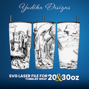 May include: SVG laser file for 20 & 30 oz tumbler wrap featuring a black and white illustration of a dragon and a castle.