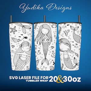 Cute Mermaid Laser Engraved Full Wrap Design For 30 and 20 oz Tumbler, Cute Mermaid SVG Laser File.
