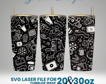 Cinema Laser Engraved Full Wrap Design For 30 and 20 oz Tumbler, Cinema SVG Laser File.