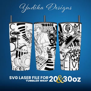 Music Laser Engraved Full Wrap Design For 30 and 20 oz Tumbler, Music SVG Laser File.
