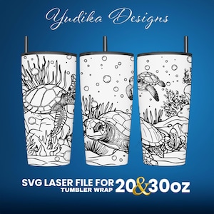 May include: Black and white SVG laser cut file for a 20 or 30 ounce tumbler wrap featuring a sea turtle design. The design includes a sea turtle swimming, a sea turtle on the ocean floor, and coral.