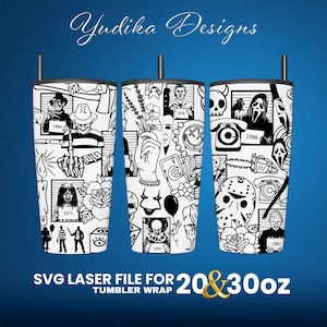 Peut inclure: Fichier SVG laser noir et blanc pour un habillage de gobelet de 20 et 30 oz, avec des icônes de films d'horreur. Le motif comprend des images de Freddy Krueger, Jason Voorhees, Michael Myers, Ghostface, et plus encore.