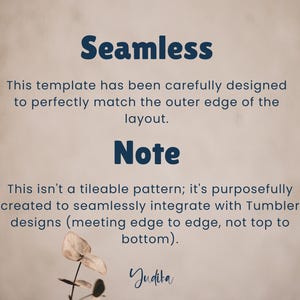May include: Text on a beige background that reads "Seamless" and "Note". The text explains that this template is designed to seamlessly integrate with Tumblr designs, meeting edge to edge, not top to bottom. The text also includes the name "Judita".