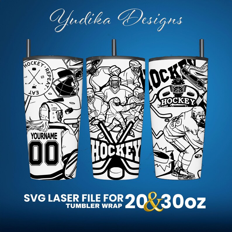 May include: Black and white SVG laser cut file for a 20 or 30 ounce tumbler wrap featuring a hockey theme with players, sticks, and pucks. The text "HOCKEY" and "EAT, SLEEP, REPEAT" are included in the design.