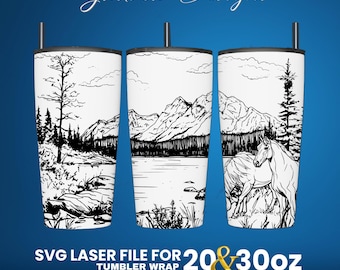 Diseño de envoltura para vaso con caballos grabado a láser (descarga digital SVG)