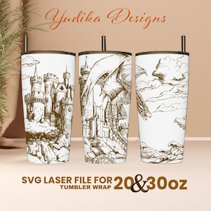 May include: SVG laser file for 20 & 30 oz tumbler wrap featuring three designs: a castle, a dragon, and a dragon flying over a landscape. The designs are in black and white with brown accents.