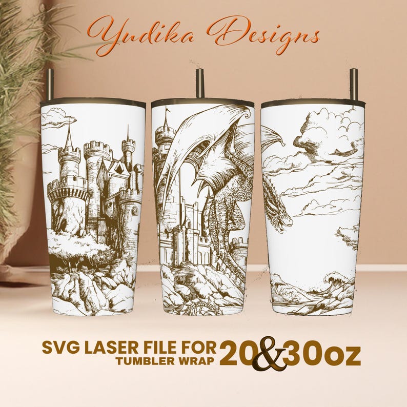 May include: SVG laser file for 20 & 30 oz tumbler wrap featuring three designs: a castle, a dragon, and a dragon flying over a landscape. The designs are in black and white with brown accents.