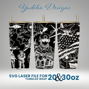 Könnte beinhalten: Drei schwarz-weiße Becherdesigns mit militärischen Motiven. Die Designs beinhalten einen Soldaten mit einem Gewehr, einen Hubschrauber, einen Kampfjet und eine Weltkarte. Der Text "SVG LASER FILE FOR 20 & 30oz TUMBLER WRAP" befindet sich am unteren Rand des Bildes.