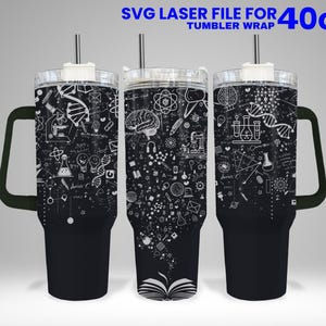 May include: A black 40 oz tumbler with a white design of science-related images, including a brain, light bulbs, a microscope, and a DNA strand. The tumbler has a handle and a lid.