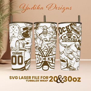 May include: A digital design file for a 20 or 30 ounce tumbler wrap featuring a hockey theme. The design includes hockey players, sticks, pucks, and the words "Hockey" and "Eat, Sleep, Hockey, Repeat".