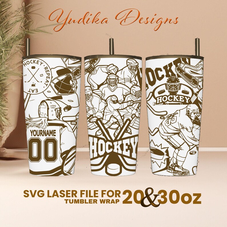 May include: A digital design file for a 20 or 30 ounce tumbler wrap featuring a hockey theme. The design includes hockey players, sticks, pucks, and the words "Hockey" and "Eat, Sleep, Hockey, Repeat".