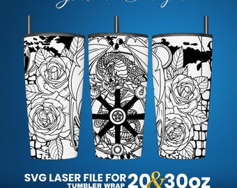 Può includere: File SVG di taglio laser in bianco e nero per un rivestimento per bicchiere da 20 o 30 once. Il design presenta un drago, una ruota con un pentagramma e rose.