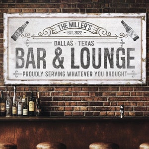 Custom Bar & Lounge Sign, Last Name Home Bar Sign, Man Cave Sign, Basement Bar Wall Decor, Good Beer Sign, Father&#39;s Day Gift, Huge Canvas