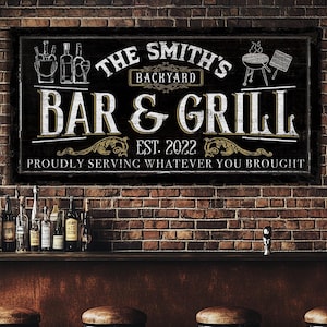 Custom Bar & Grill Sign, Outdoor Grill Sign, Backyard BBQ Sign, Backyard Bar Sign, Farmhouse Kitchen Decor, Patio Decor, Outdoor Bar Sign
