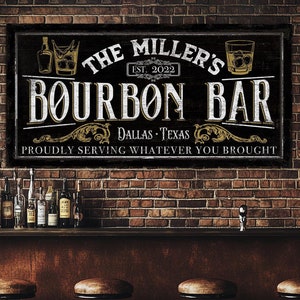 Customized Bourbon Bar Sign, Bar & Lounge Sign, Family Name Sign, Man Cave Sign, Rustic Home Bar Decor, Pub Sign, Farmhouse Canvas Wall Sign