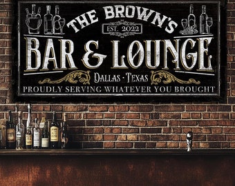 Personalized Bar & Lounge Sign, Home Bar Sign, Basement Pub Deco, Family Name Sign, Man Cave Sign, Farmhouse Wall Decor, Rustic Canvas Print