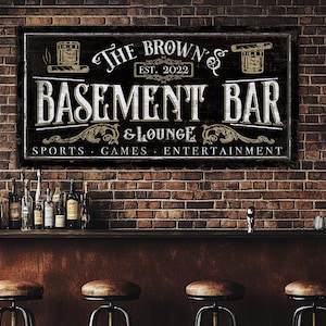 Custom Basement Bar and Lounge Sign, Man Cave Decoration Bar Wall Decor, Personalized Family Name Sign, Farmhouse Wall, Art Large Canvas Art