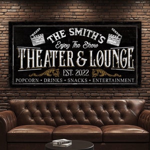 Gepersonaliseerd bord theater en lounge, vintage bioscoopdecor, muurdecoratie thuisbioscoop, bord familielounge, rustieke moderne boerderij muurdecoratie