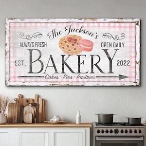 Placa de padaria personalizada, data de fundação, placas de cozinha personalizadas, decoração moderna de casa de fazenda, arte de parede de bolos e tortas, arte em tela enorme, placa de nome de família
