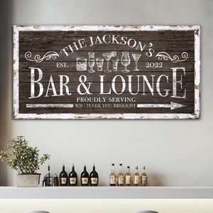 Custom Bar & Lounge Sign, Last Name Home Bar Sign, Man Cave Sign, Garage Bar Wall Decor, Proudly Serving Sign, Gift For Father, Large Canvas