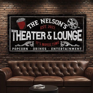 Gepersonaliseerde theater- en loungebord, vintage thuisbioscoopbord, custom film tv-kamerdecor, bioscoopzaal kunst aan de muur, rustiek canvas decor