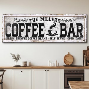 Placa de cafeteria personalizada, placa de nome de família, placa de empresa de café familiar, decoração de parede de cozinha, presente para amantes de café, decoração de parede de tela de fazenda