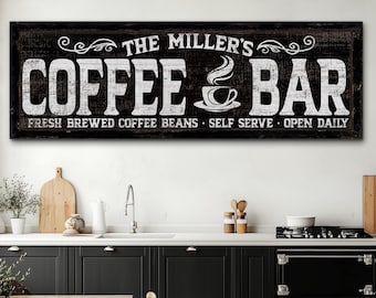 Personalized Coffee Bar Sign, Coffee Shop Sign, Cafe Decor, Family Coffee Sign, Vintage Kitchen Decor, Farmhouse Rustic Canvas Wall Decor