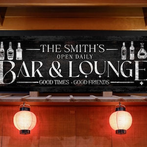 Custom Bar & Lounge Sign, Personalized Last Name Home Bar Wall Decor, Man Cave Wall Art, Rustic Garage Bar Decor, Basement Bar Canvas Decor