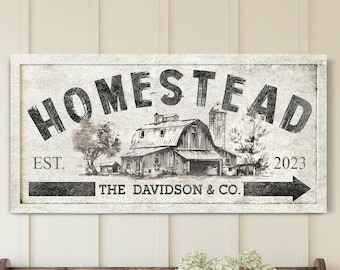 May include: Black and white illustration of a farmhouse with a sign that reads "Homestead, Est. 2023, The Davidson & Co."