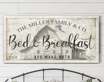 Personlig Bed and Breakfast-skylt med efternamn etablerat, personlig gästrumsskylt, matsalkonst, vintage canvastavla