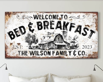 Anpassad Bed and Breakfast-skylt med efternamn, B och B-skylt, personlig skylt för gästrum, väggkonst för matsal, vintage canvastavla