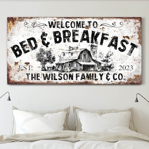 Aangepaste Bed and Breakfast bord met familienaam, B en B bord, gepersonaliseerde logeerkamer bord, eetkamer kunst aan de muur, vintage canvas print