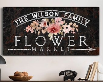 Personalized Flower Market Sign, Vintage Flower Shop Decor, Custom Family Name Sign, Chic Fresh Flower Market Sign, Vintage Floral Wall Art