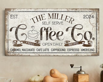 Personalized Coffee Co Sign, Coffee Shop Wall Art, Rustic Coffee Station Wall Decor, Farmhouse Kitchen Canvas Art, Coffee Owner Canvas Gifts