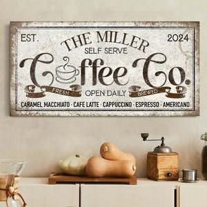 Co-sinal de café personalizado, arte de parede de cafeteria, decoração de parede de estação de café rústica, arte em tela de cozinha de fazenda, presentes em tela para proprietário de café