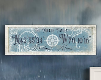 Custom Coordinates Canvas Art, Personalized Latitude Longitude Canvas Decor, Compass Rose Wall Art, Beach Decor, Nautical Home Decoration