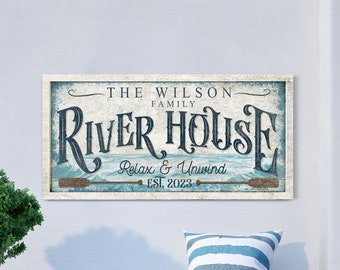 Personalized River House Sign, Custom River Life Canvas Art, Summer Cottage Cabin Canvas Decor, Rustic Nautical Entryway Porch Patio Decor