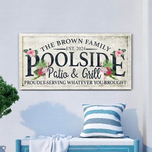 Custom Poolside Patio And Grill Sign, Personalized Poolside Back Porch Wall Decor, Pool Bar Patio Wall Art, Backyard Pool Canvas Art Gift