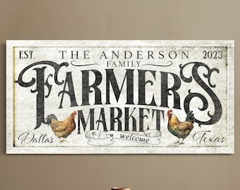 Letrero personalizado del mercado de agricultores, decoración para la granja, letrero de tienda vintage, decoración de la pared de la entrada de la granja, letrero de fecha establecida por la familia, arte de la pared del lienzo