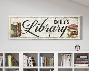 Custom Library Sign, Personalized Name Wall Art, Reading Corner Wall Decor, Book Lover Home Decor, Bookworm Canvas Art, Librarian Canvas Art
