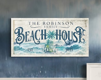 Personalized Beach House Sign, Custom Beach House Canvas Art With Family Name, Coastal Home Decor, Rustic Modern House Decor, House Gift