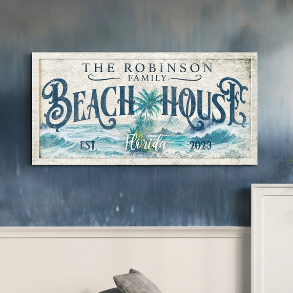 Personalized Beach House Sign, Custom Beach House Canvas Art With Family Name, Coastal Home Decor, Rustic Modern House Decor, House Gift