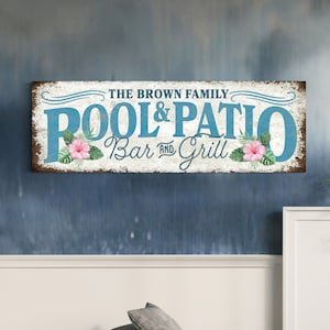 Sinal personalizado para piscina e pátio, arte de parede personalizada para bar e churrasqueira, decoração de parede com nome de família, arte em tela para quintal de piscina, presente de decoração em tela para bar de piscina