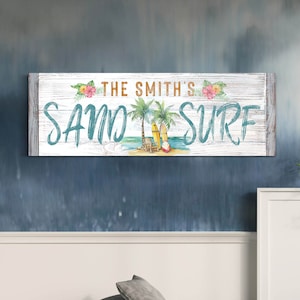 Personalized Sand and Surf Wall Decor, Seaside Lover Gift, Rustic Chic Beach House Sign, Family Sign, Beach House Art, Coastal Wall Decor
